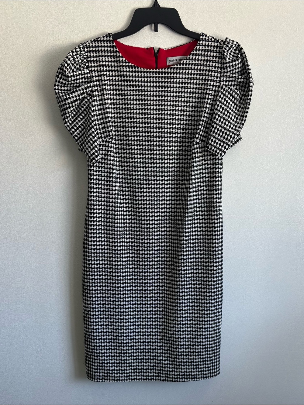 Shelby & Palmer Black and White Houndstooth Midi Dress with Red Neckline